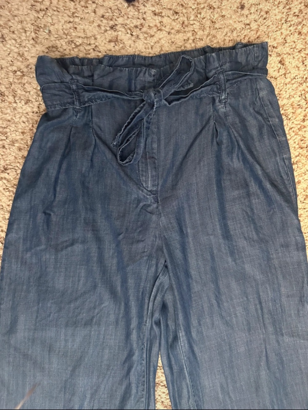 Paperbag Waist Wide-Leg Chambray Lyocell Pants with Self Tie - Blue - Picture 5 of 6